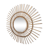 Mid Century Organic Modern Bamboo & Rattan Sunburst Patinated Mirror, 1960s