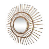 Mid Century Organic Modern Bamboo & Rattan Sunburst Patinated Mirror, 1960s