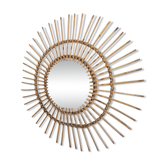 Mid Century Organic Modern Bamboo & Rattan Sunburst Patinated Mirror, 1960s