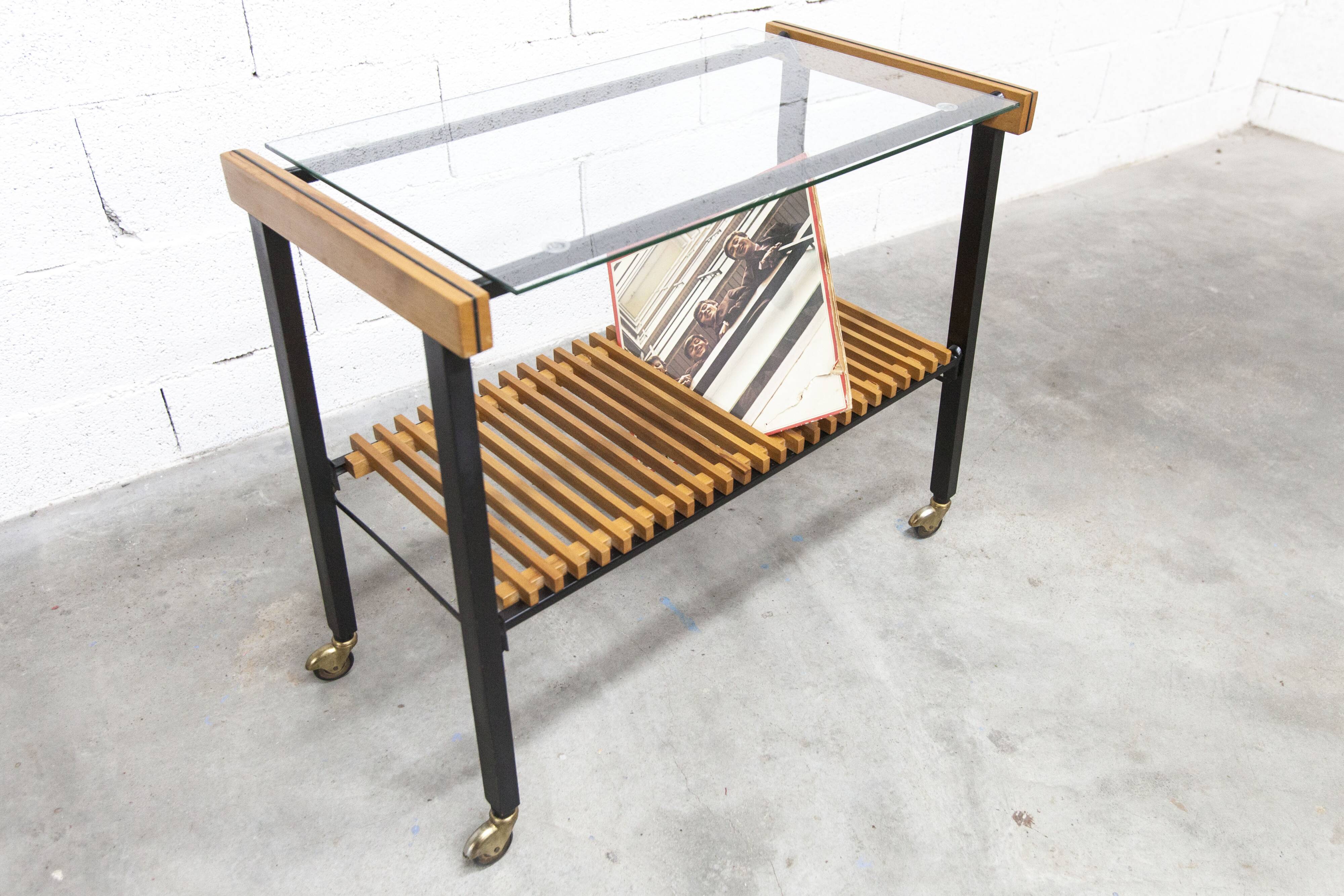 1960s serving cart, hi-fi cabinet on casters, teak, black metal, glass