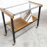 1960s serving cart, hi-fi cabinet on casters, teak, black metal, glass