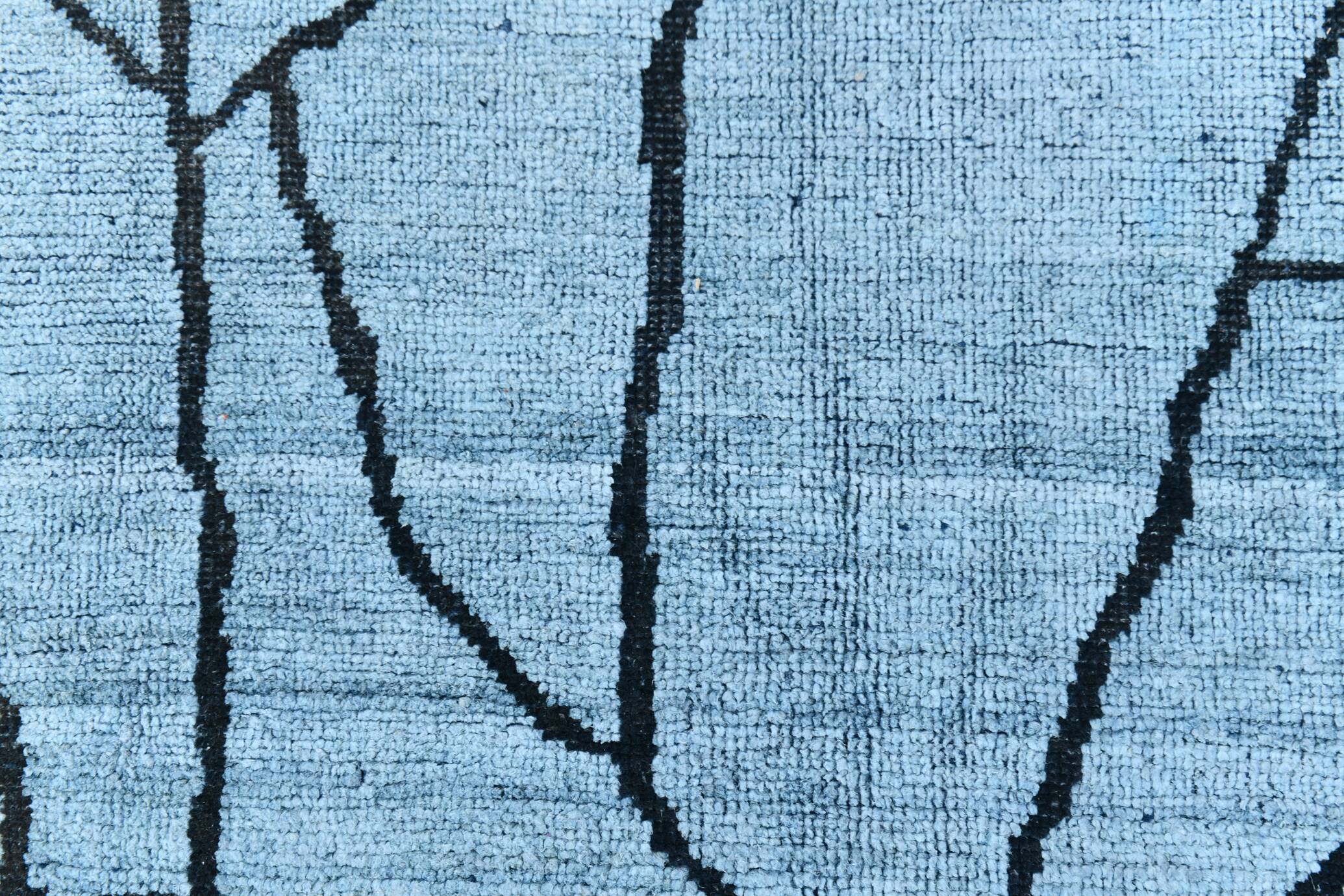 Sky Blue Wool Rug, Modern Handmade Designer Vintage Carpet, 213x281 Cm