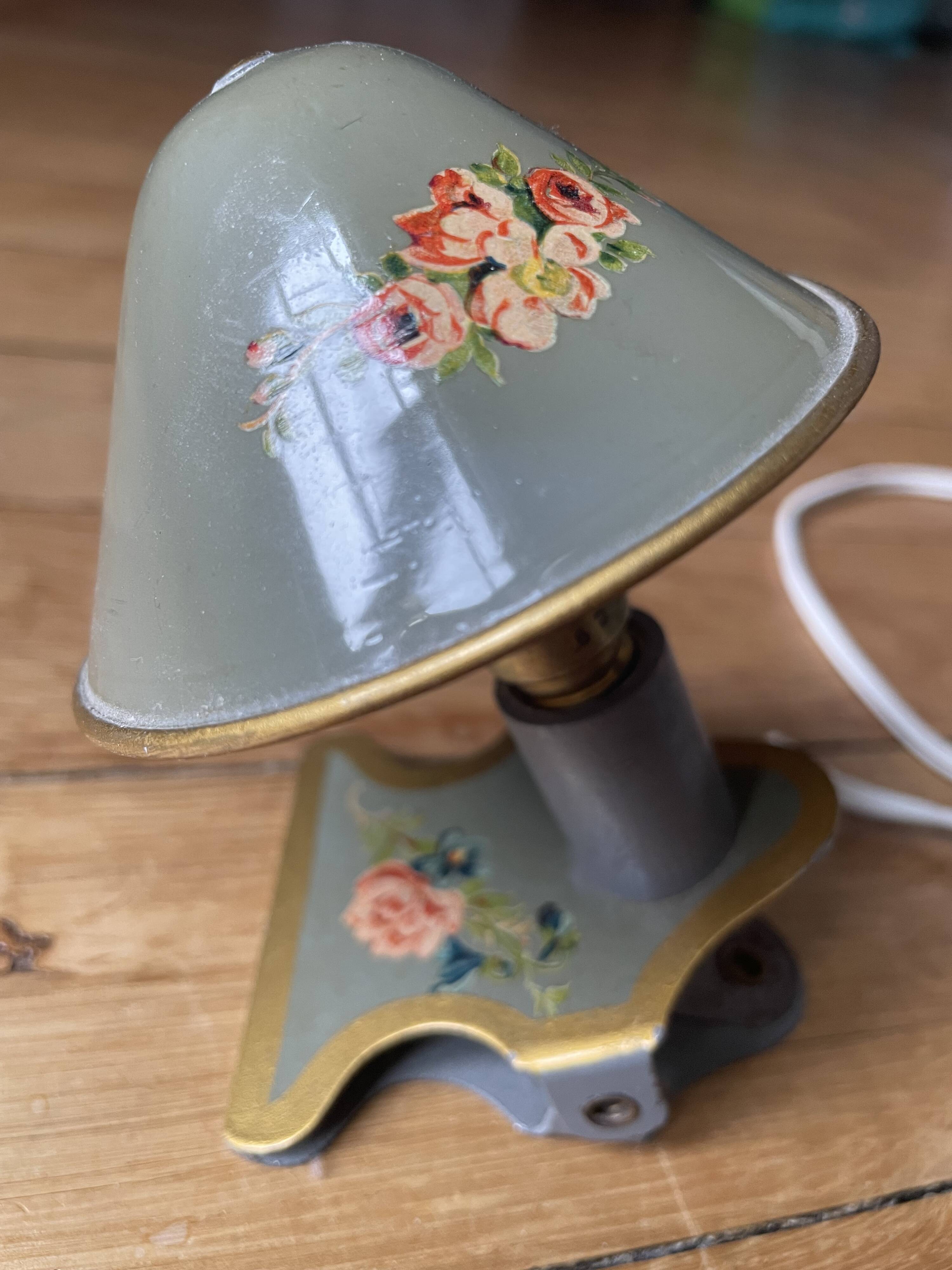 Small bedside lamp with clip, vintage painted flowers