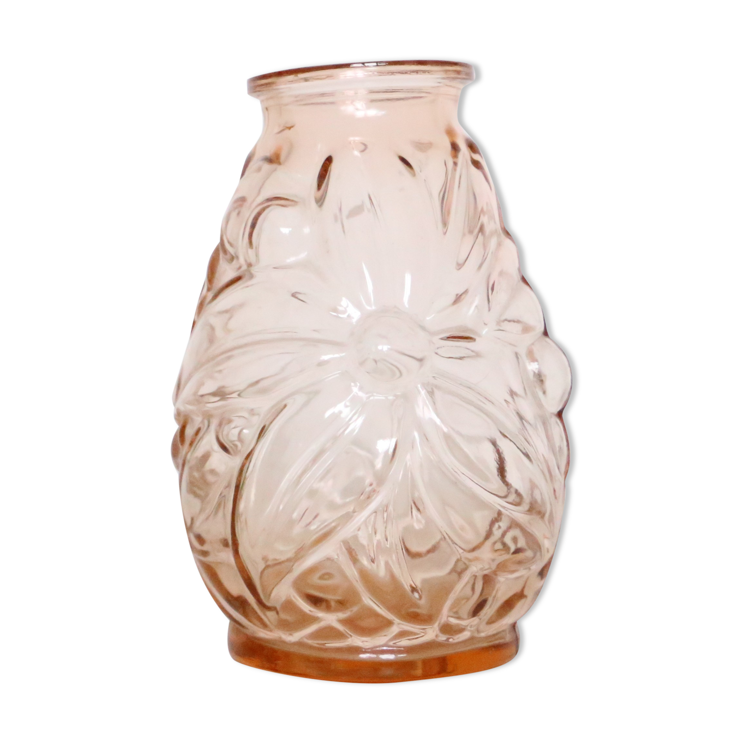 Old pink glass vase, molded glass, vintage French
