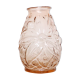 Old pink glass vase, molded glass, vintage French