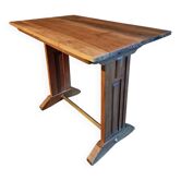 Table bistrot française vintage 1930s – piètement en hêtre, plateau en noyer et support nickelé