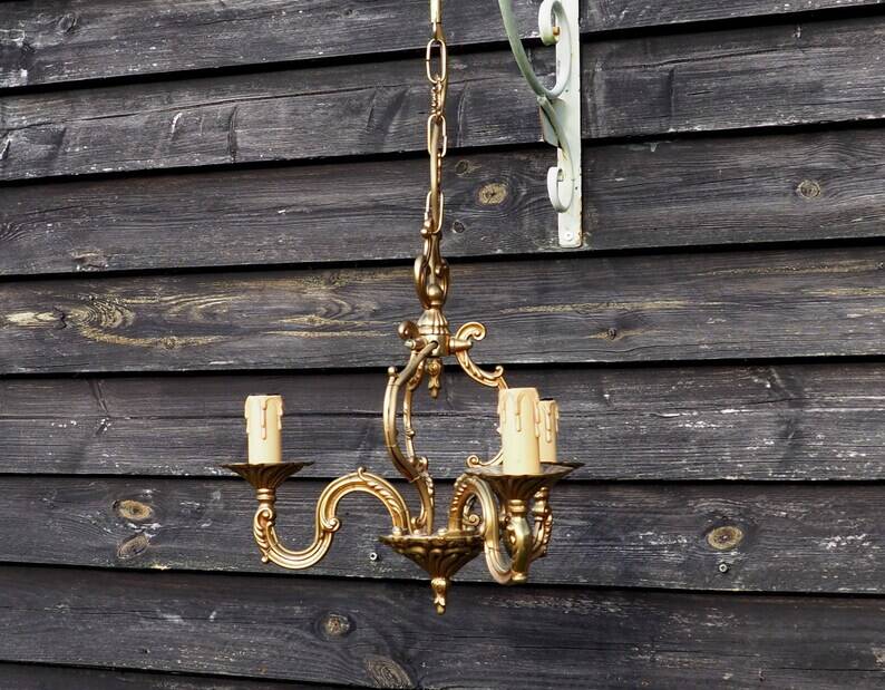 Vintage French Cage Chandelier: Bronze & Brass 3-Branch Ceiling Light