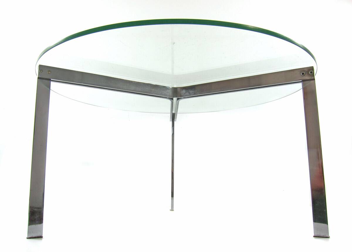 Modernist glass coffee table with stainless steel base