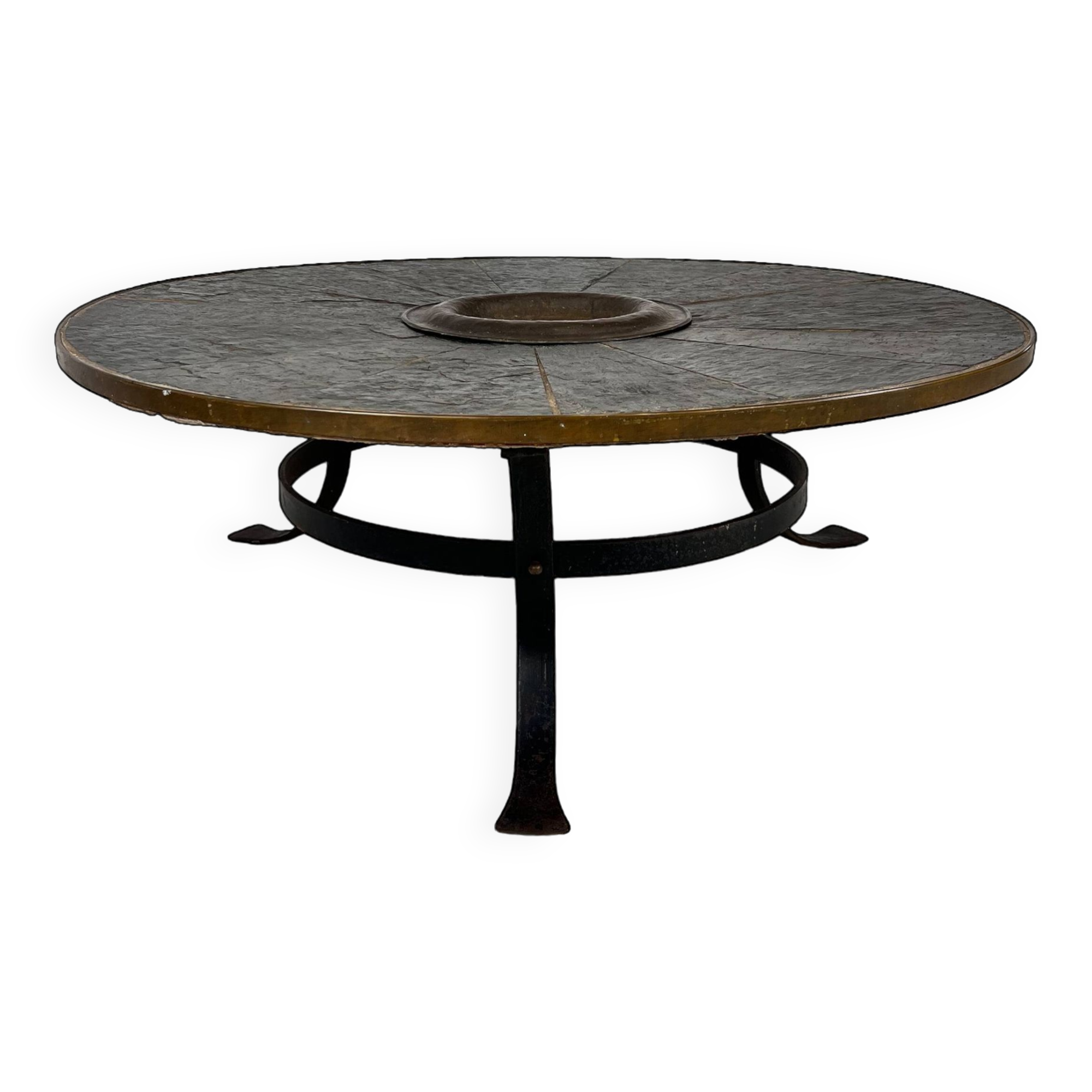 Large brutalist steel and slate coffee table, 1960s