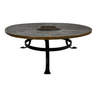 Large brutalist steel and slate coffee table, 1960s