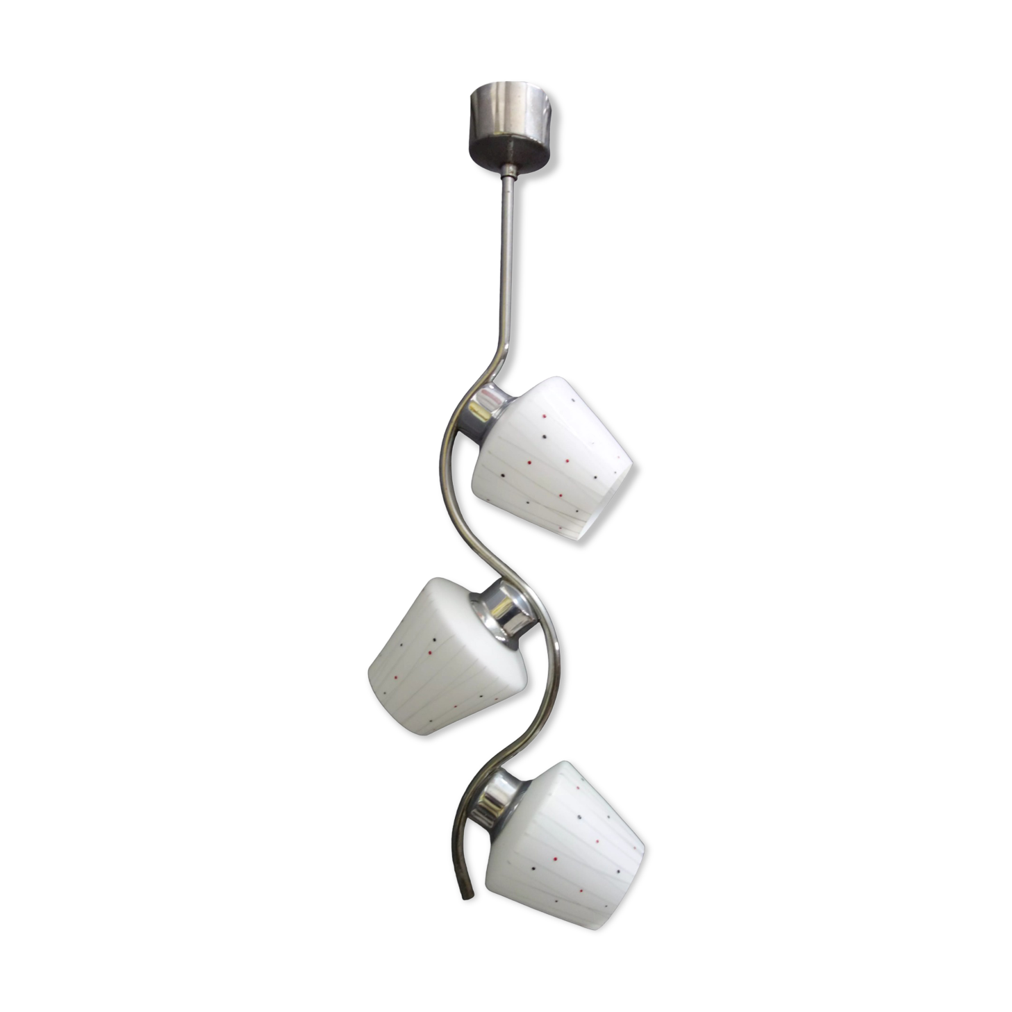 Chrome pendant lamp with 3 white shades 1960s