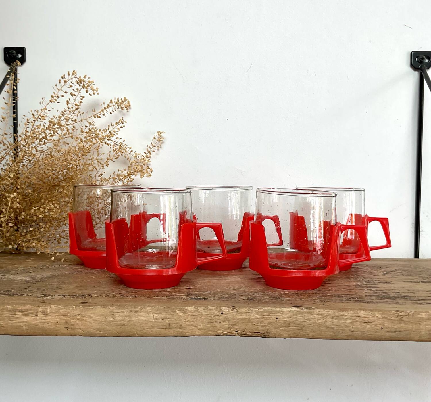 5 vintage red glass and plastic cups