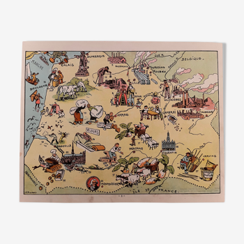 Affiche ancienne carte illustrée de la Flandre Artois Picardie 1948 - JP Pinchon