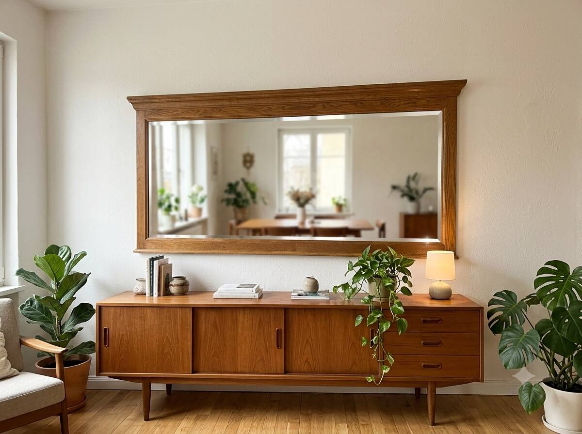 Miroir XXL biseauté en chêne, 210cm de L