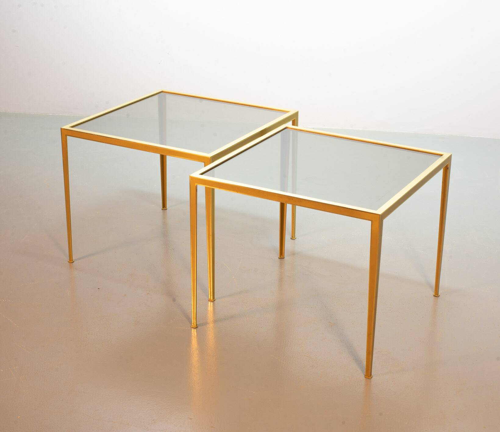 Solid Brass Side Tables with Smokey Glass Top by Vereinigte Werkstatten 70s