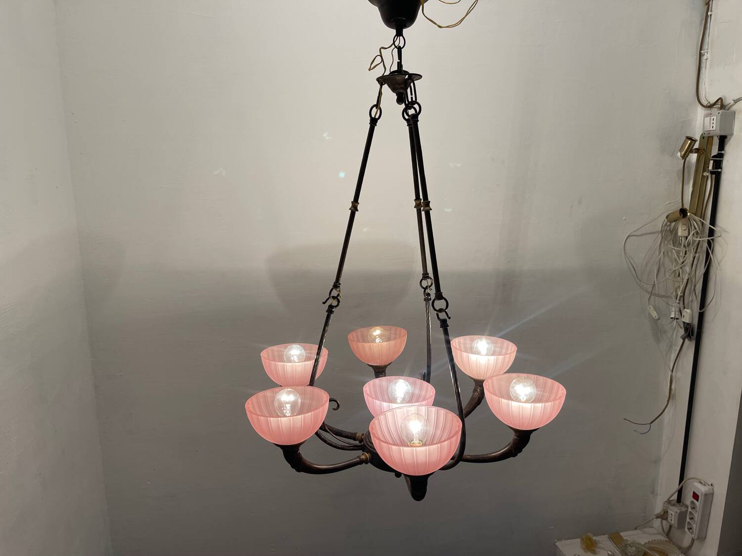 Pink Liberty Style Wrought Iron Chandelier 1960’s