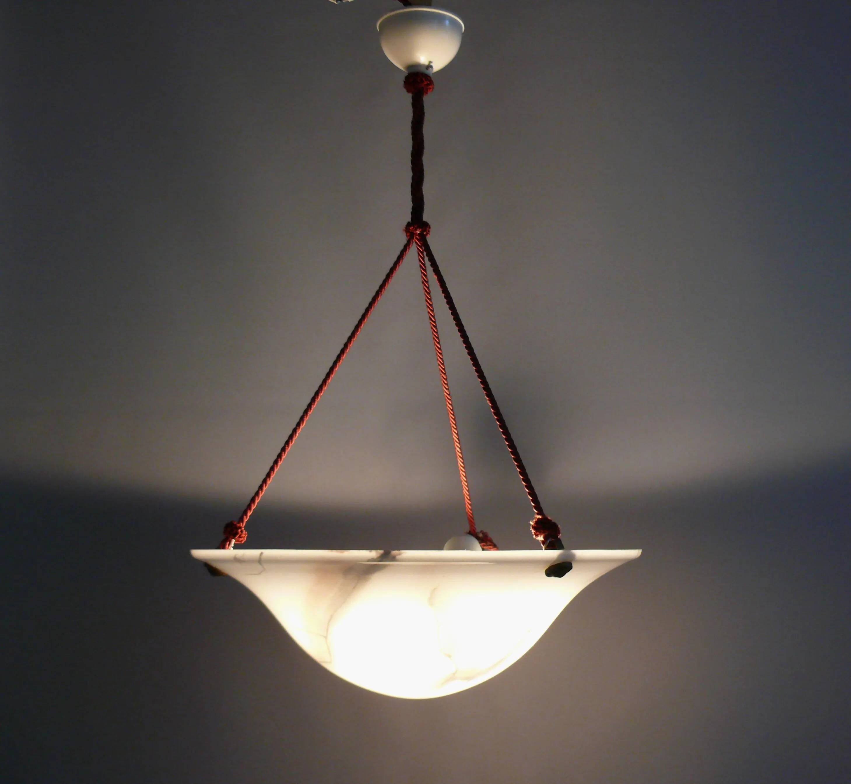 Large Art Deco marbled glass pendant light with rope suspension, 1940s-1960s