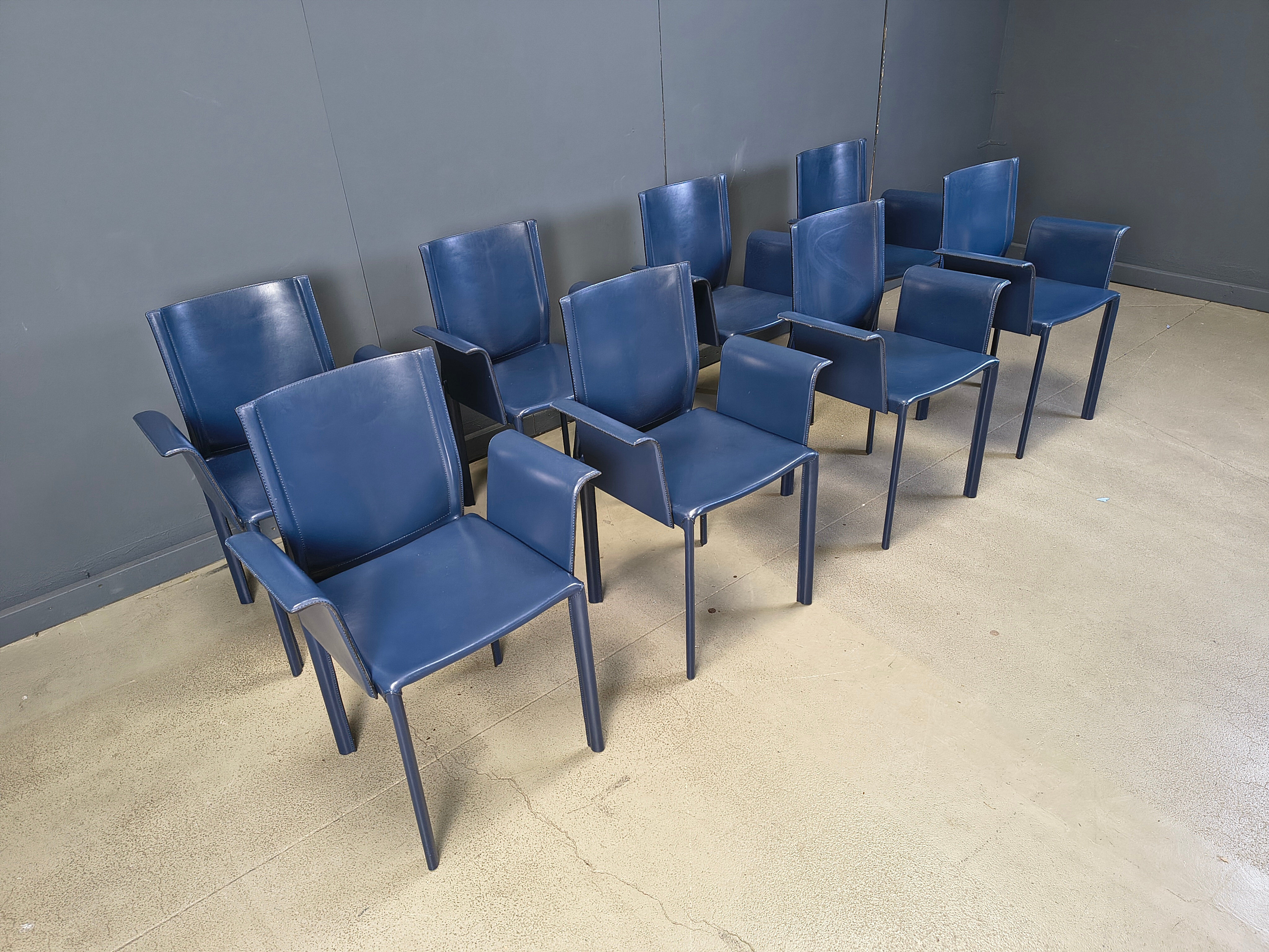 Postmodern blue leather dining chairs Italy, 1980s set of 8