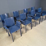 Postmodern blue leather dining chairs Italy, 1980s set of 8