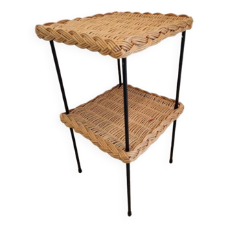 Table, harness with shelf - Rattan, wrought iron base - In the style of Raoul Guys - 1960
