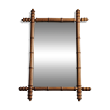 Miroir ancien en bois tourné façon bambou clair fin XIXe siècle, 62 x 46 cm