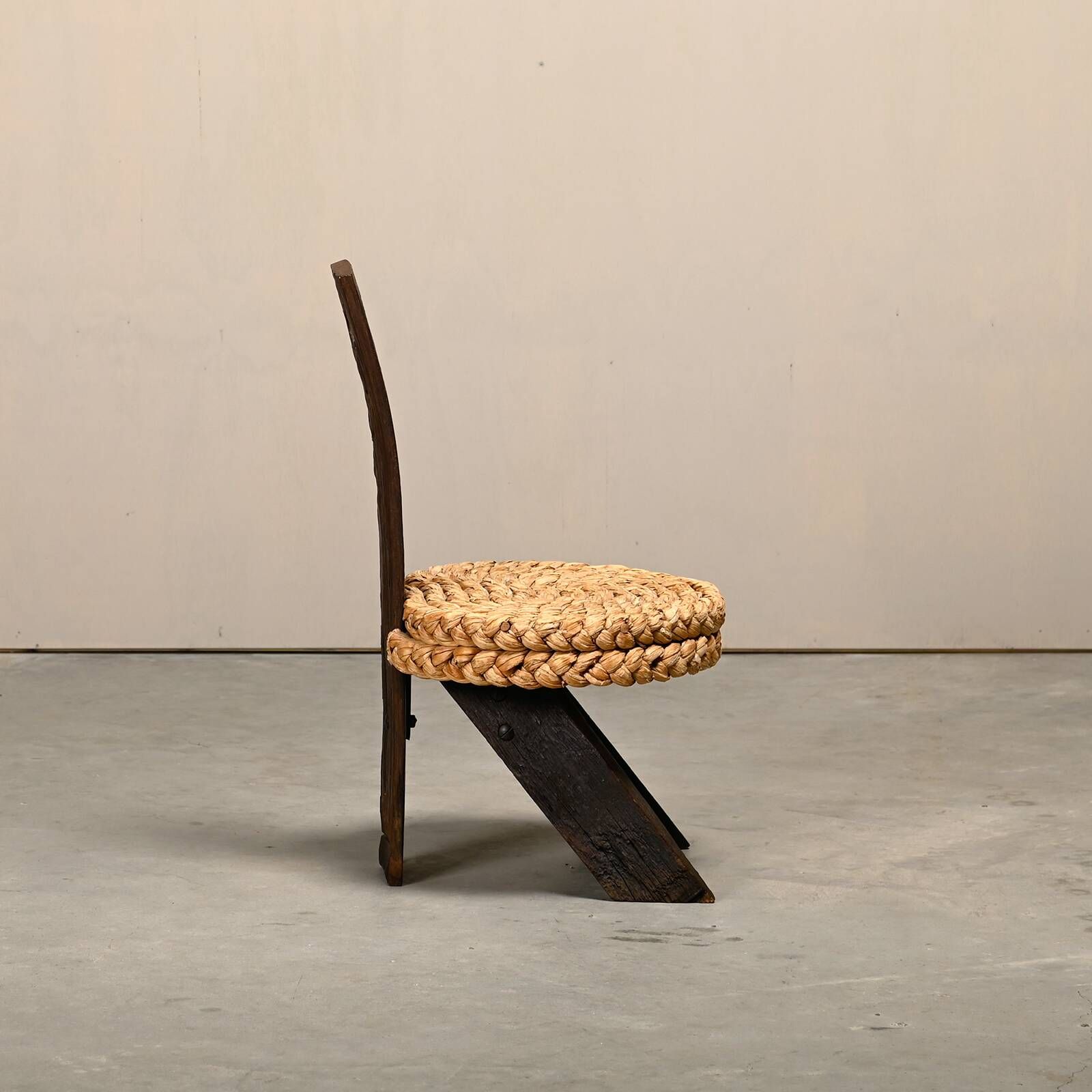 Fireplace Stool in Oak and Straw, France 1950s