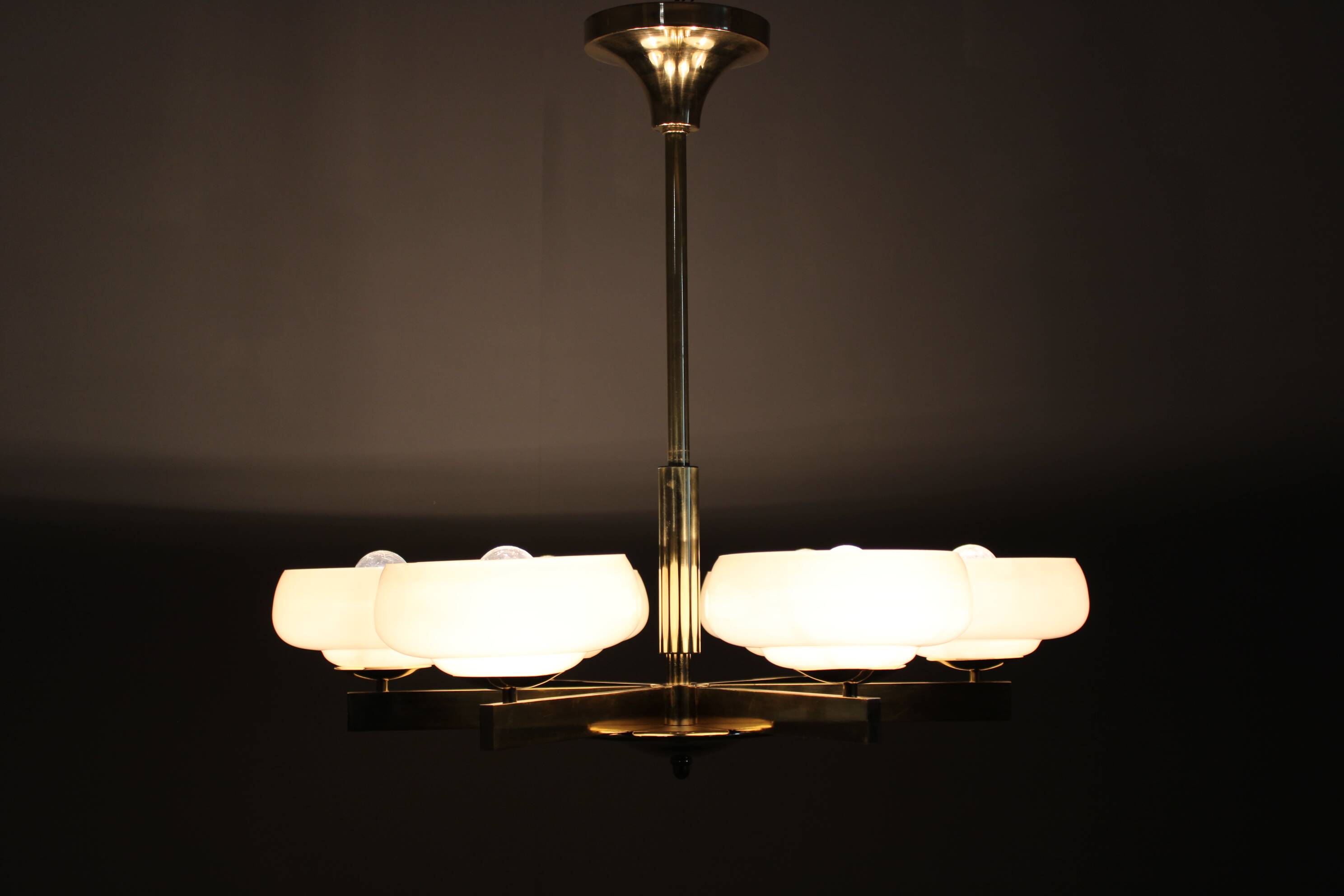 Art Deco brass chandelier with opaline glass, Czechoslovakia, 1930s