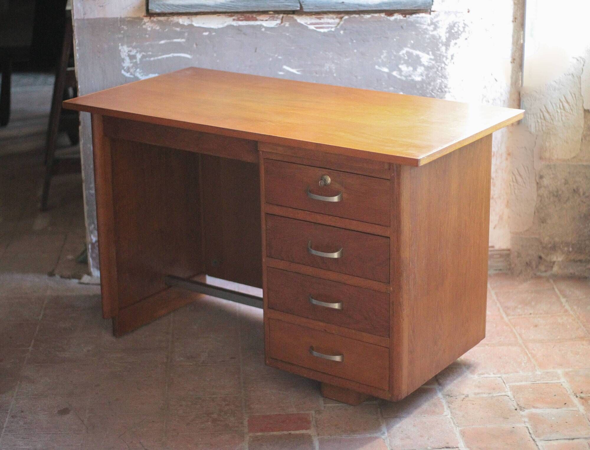 Vintage desk, children's wooden desk in art deco style, desk with drawers