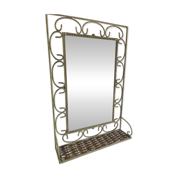 Miroir tablette ancien en fer forgé et rotin