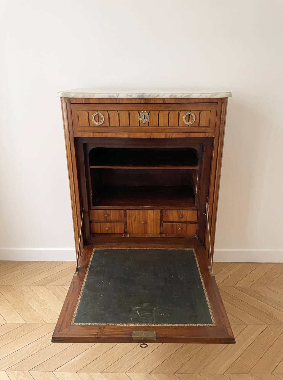 Louis XVI style antique wooden secretary with marble.