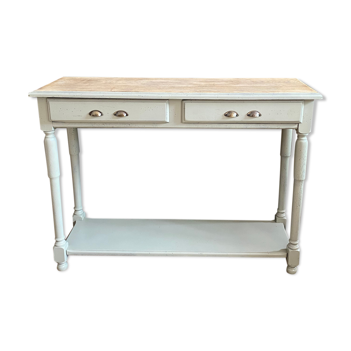 Drawer console raw wood & gray green