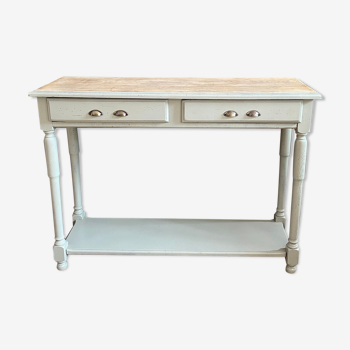 Drawer console raw wood & gray green