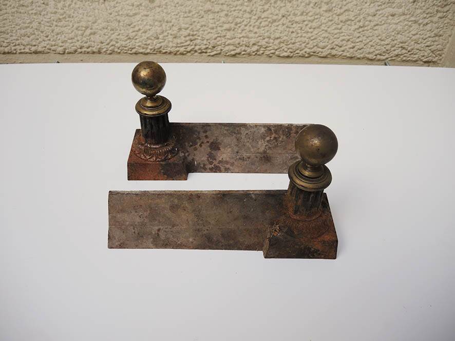 Old Neoclassical Cast Iron Andirons: Ball on Column