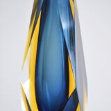Midcentury faceted Murano glass strong blue and yellow sommerso vase
