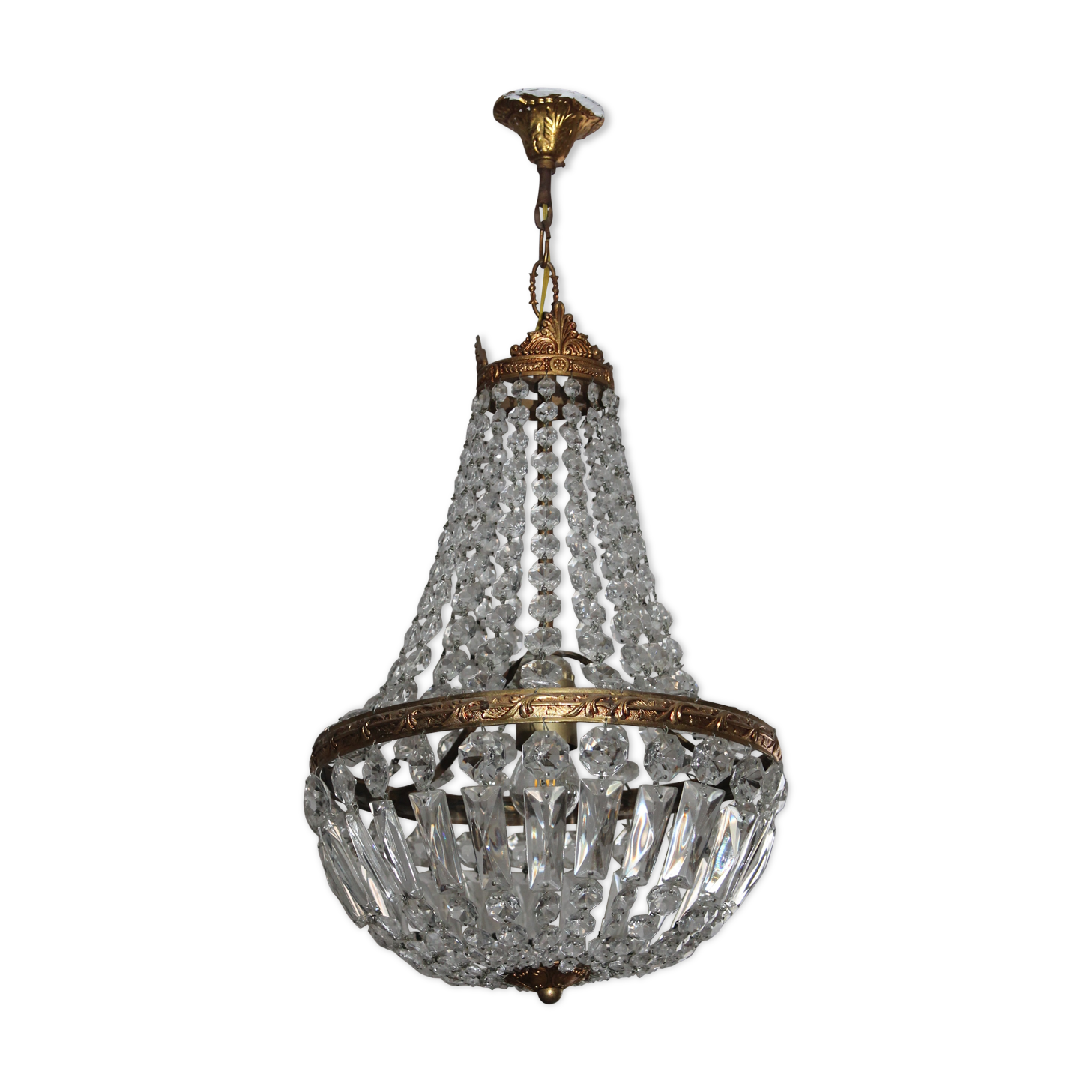 Lustre mongolfière à pampilles et bronze