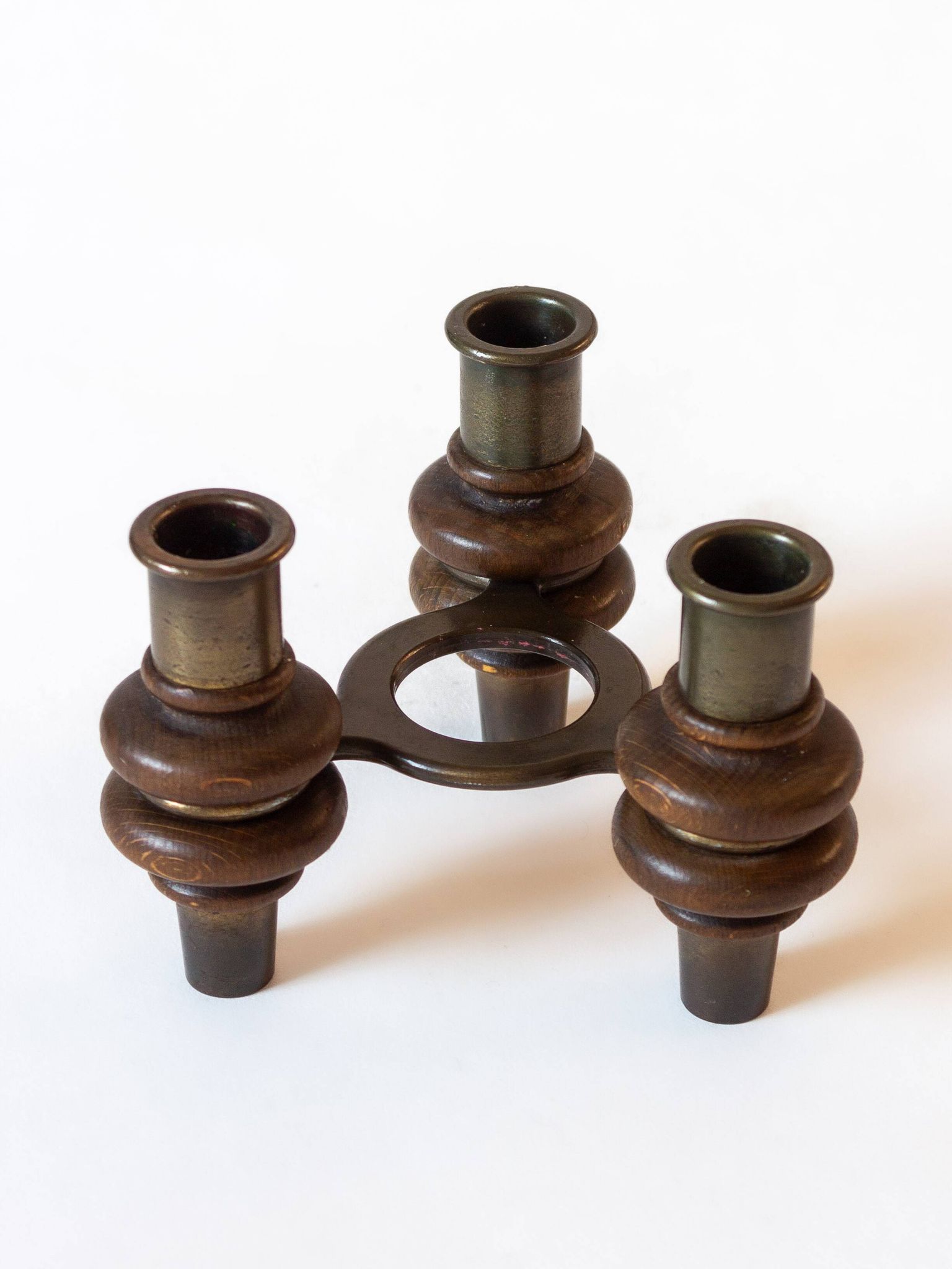 Tripod candle holder in wood and brass, Germany, 1960s/70s