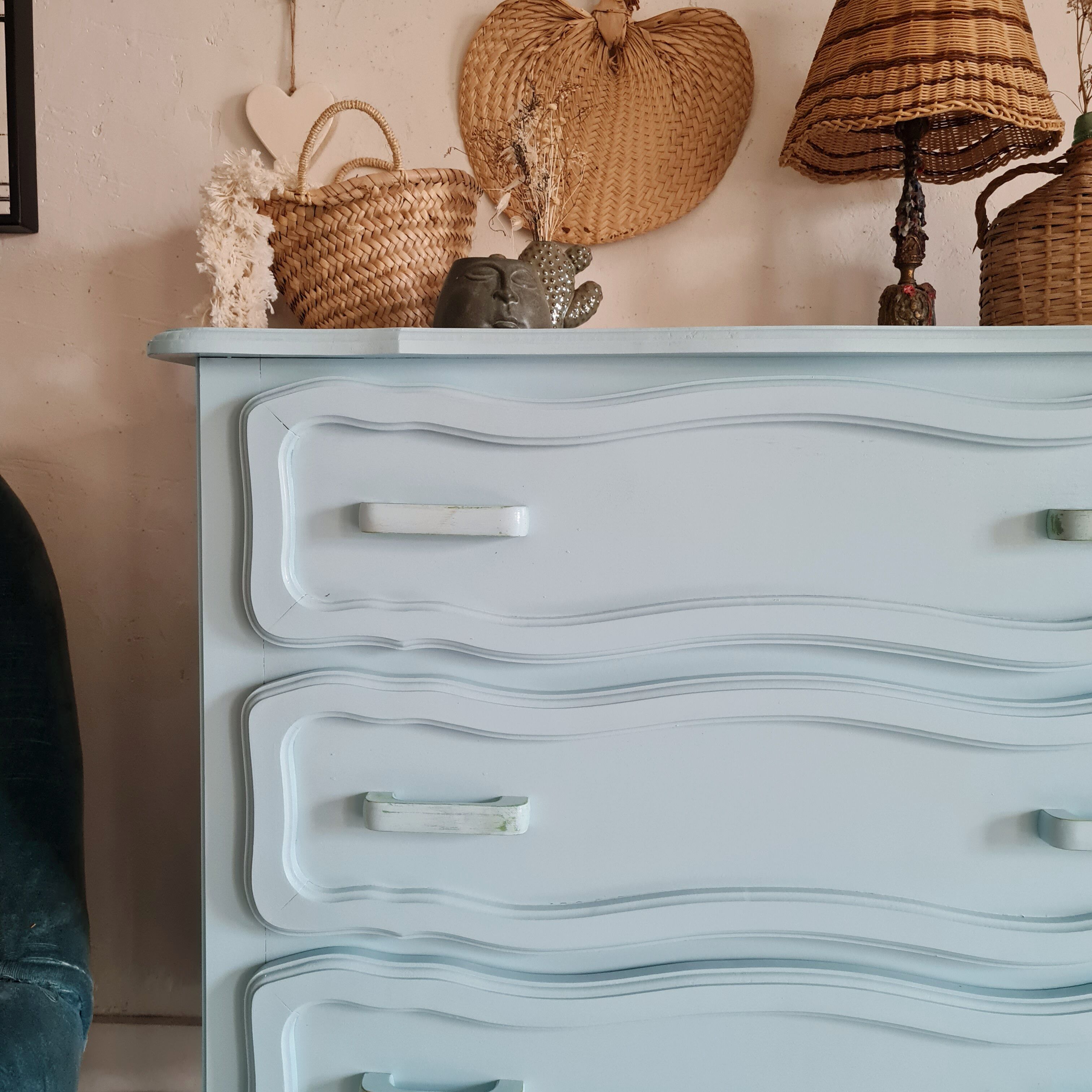 Antique chest of drawers in light blue wood