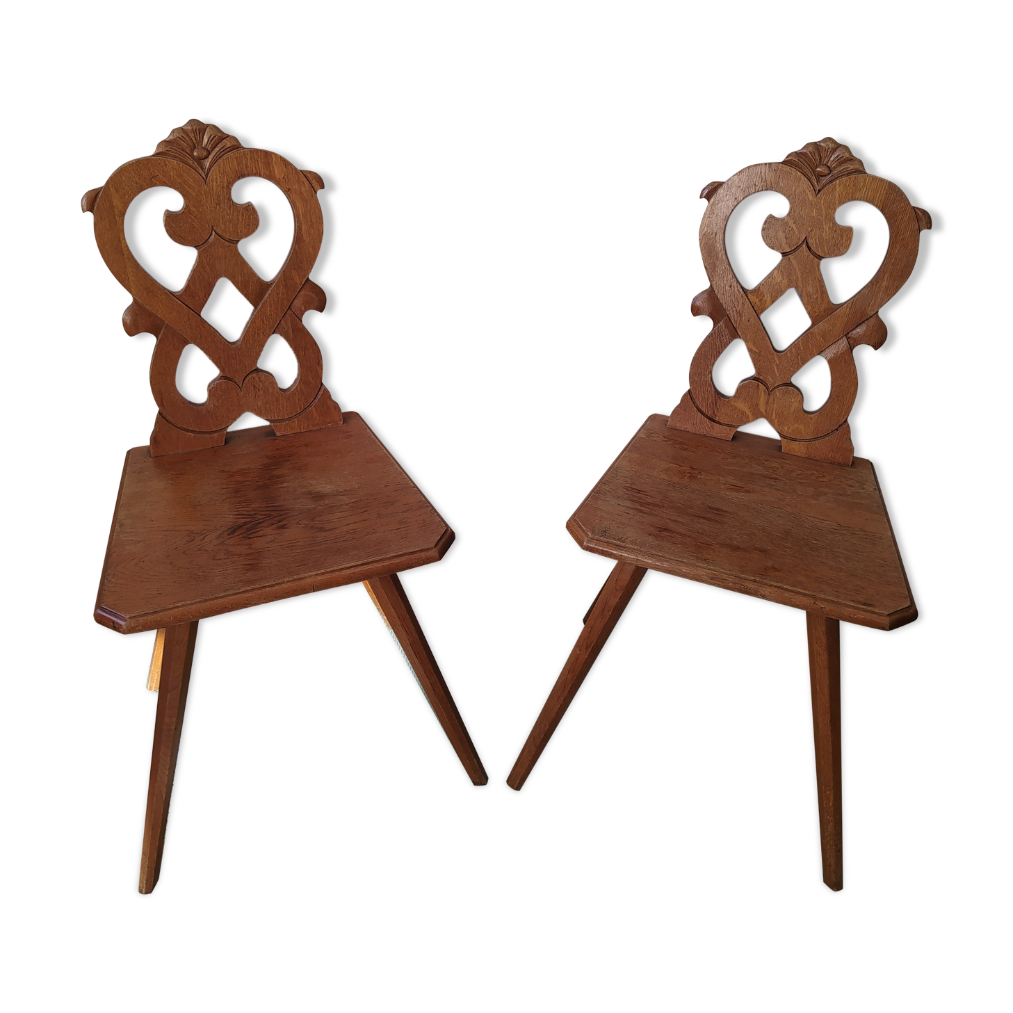 Pair of savoyard mountain chairs carved wooden chalet