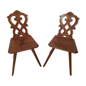 Pair of savoyard mountain chairs carved wooden chalet