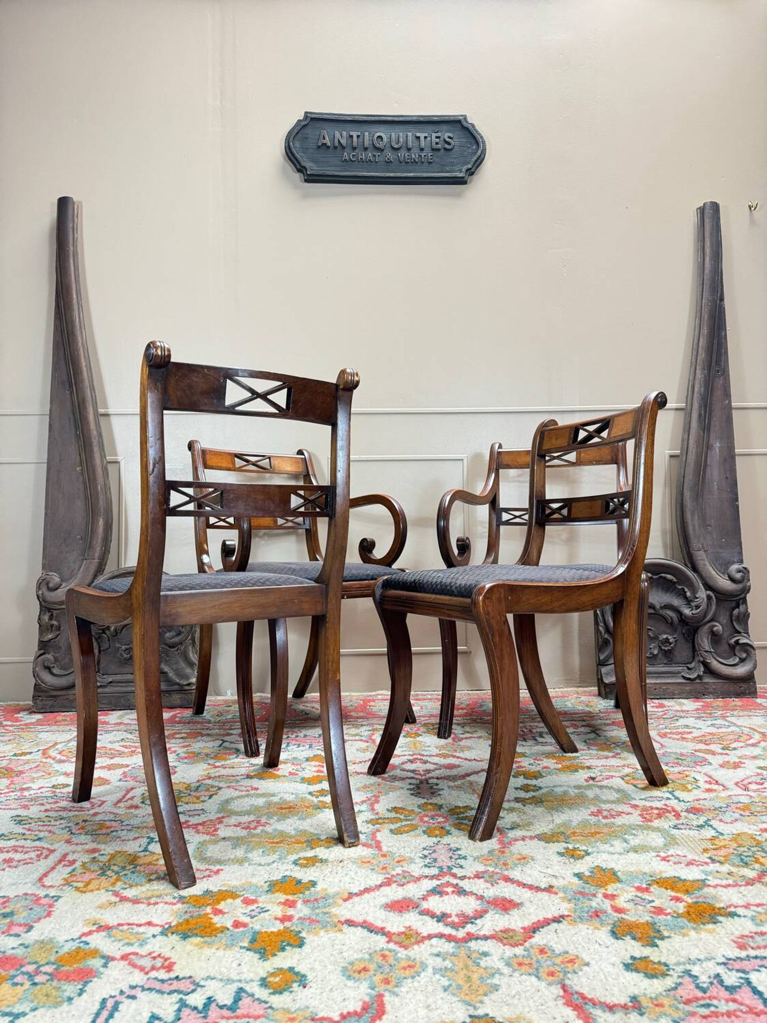 Pair of Armchairs and Pair of Chairs in Mahogany, 20th Century