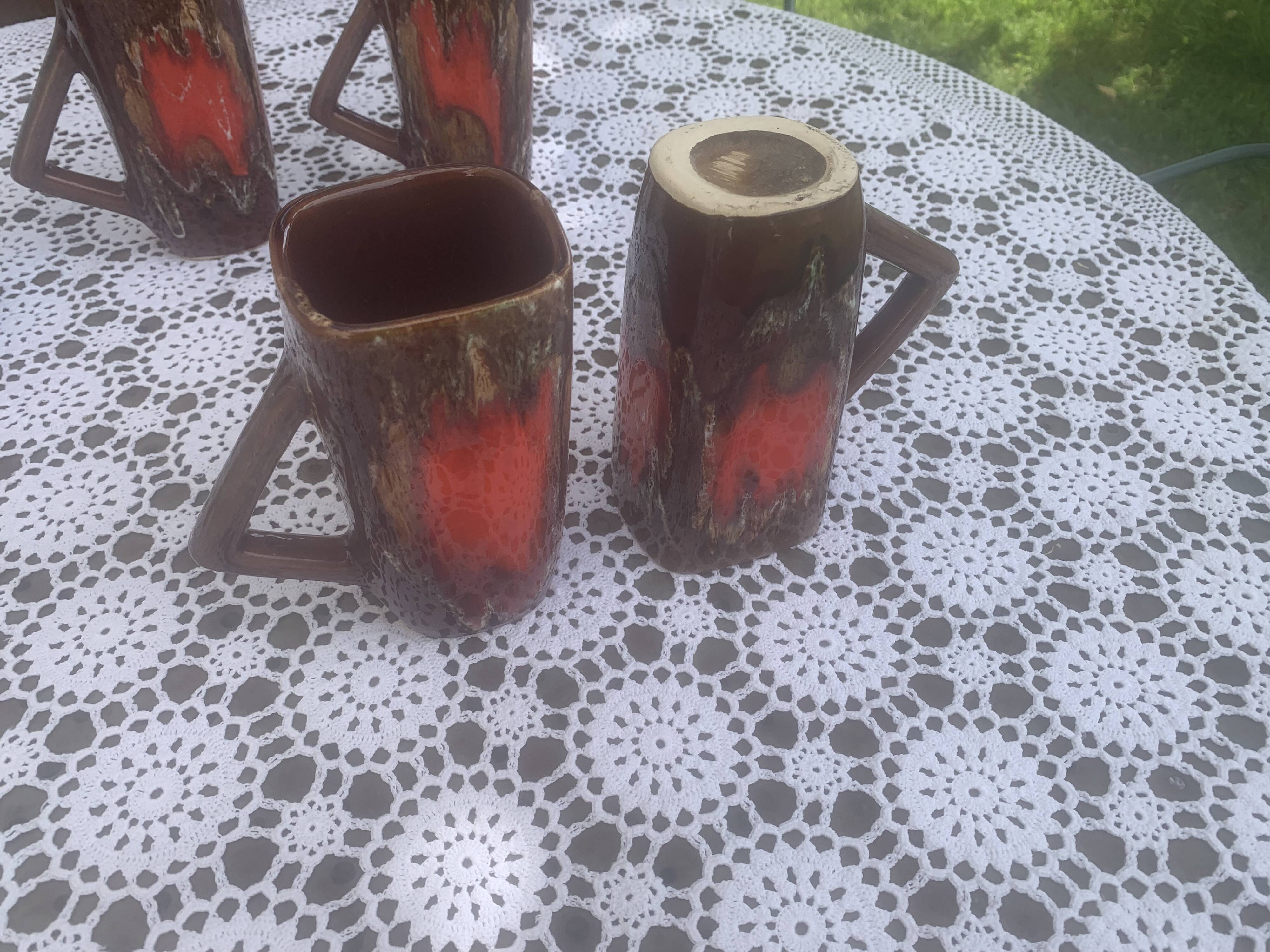 6 enamelled ceramic mugs, red and brown, Vallauris, vintage and designer