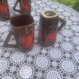 6 enamelled ceramic mugs, red and brown, Vallauris, vintage and designer