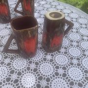 6 enamelled ceramic mugs, red and brown, Vallauris, vintage and designer