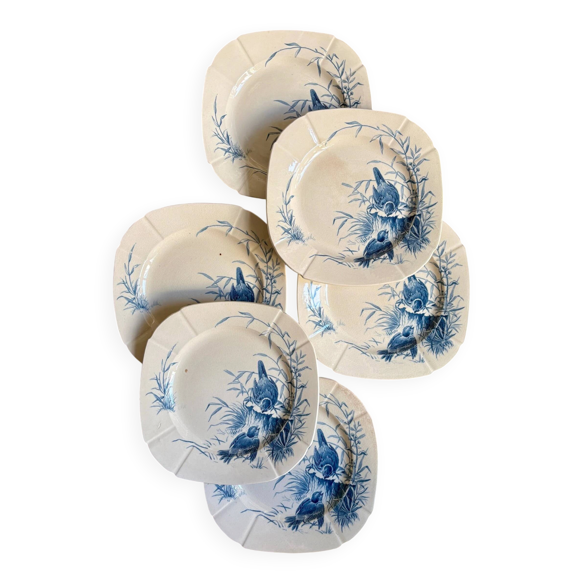 6 dessert plates Gien in blue ironstone, "Birds" service circa 1870 no. 2