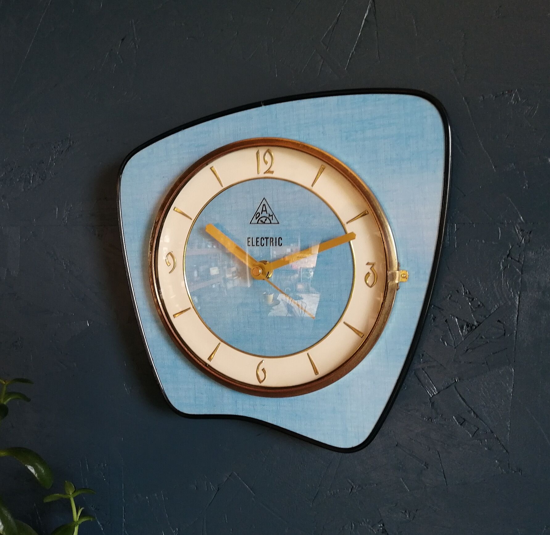 Vintage formica clock silent wall clock "DAM Electric Blue"