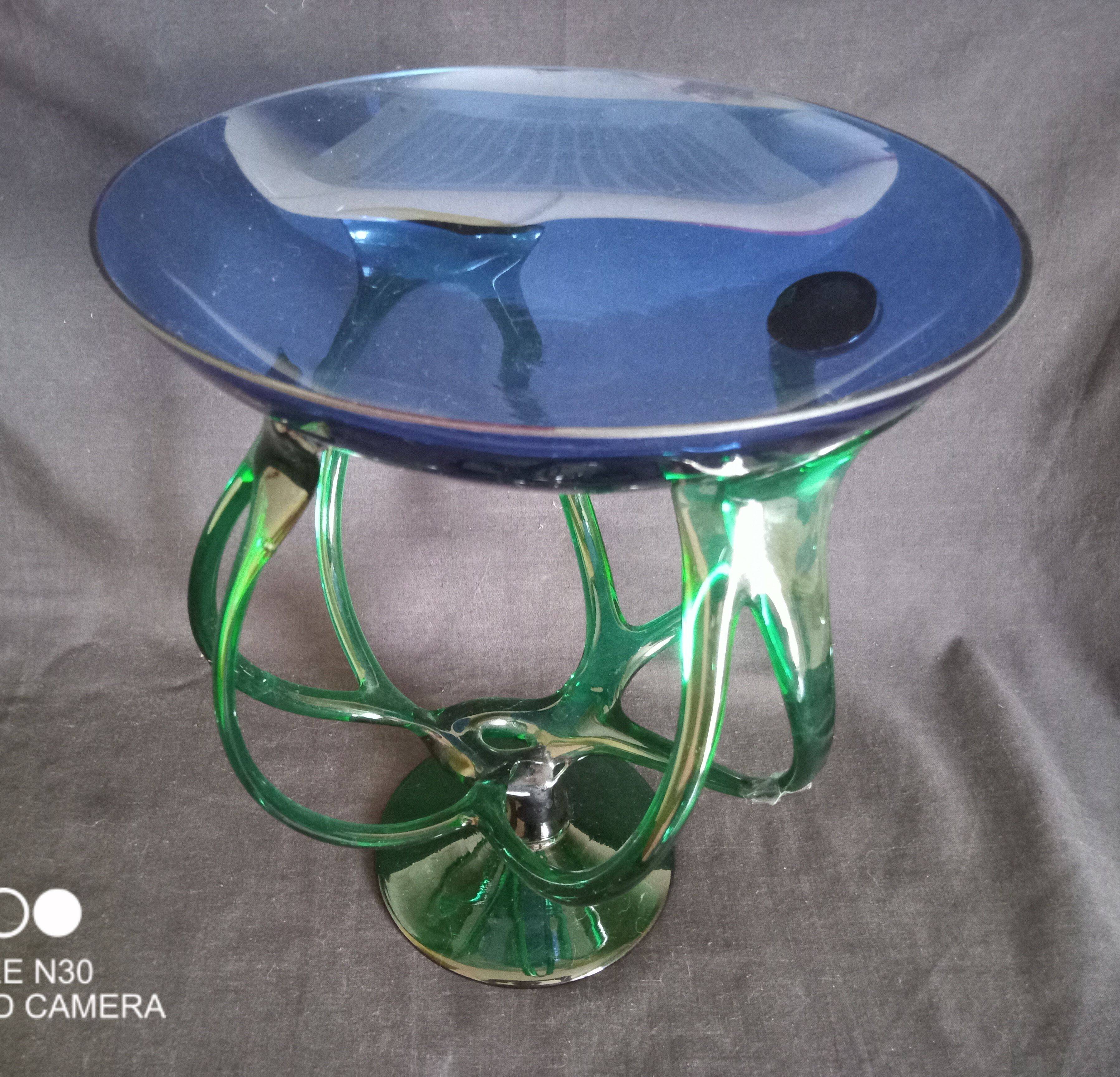 Bowl, centerpiece on twisted blue and green glass legs