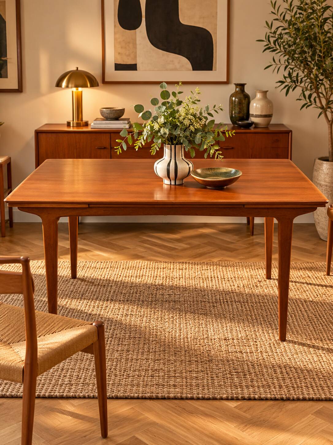 Vintage Scandinavian teak dining table 1970s – 2 integrated extensions