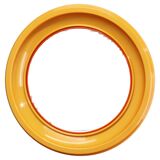 Miroir rond italien des années 1970 de la marque Salc, avec cadre en plastique jaune orangé.