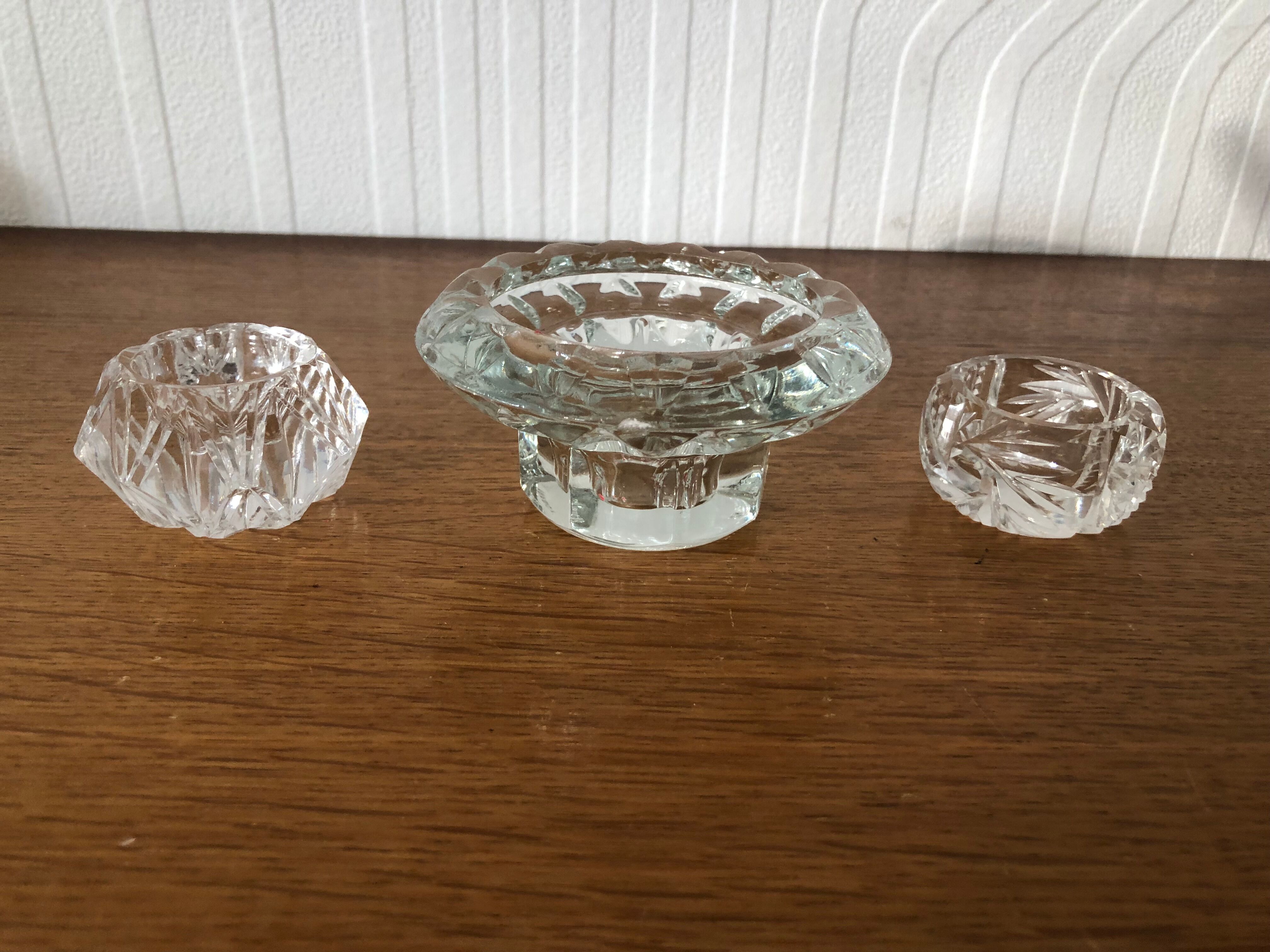 3 cut glass candle holders