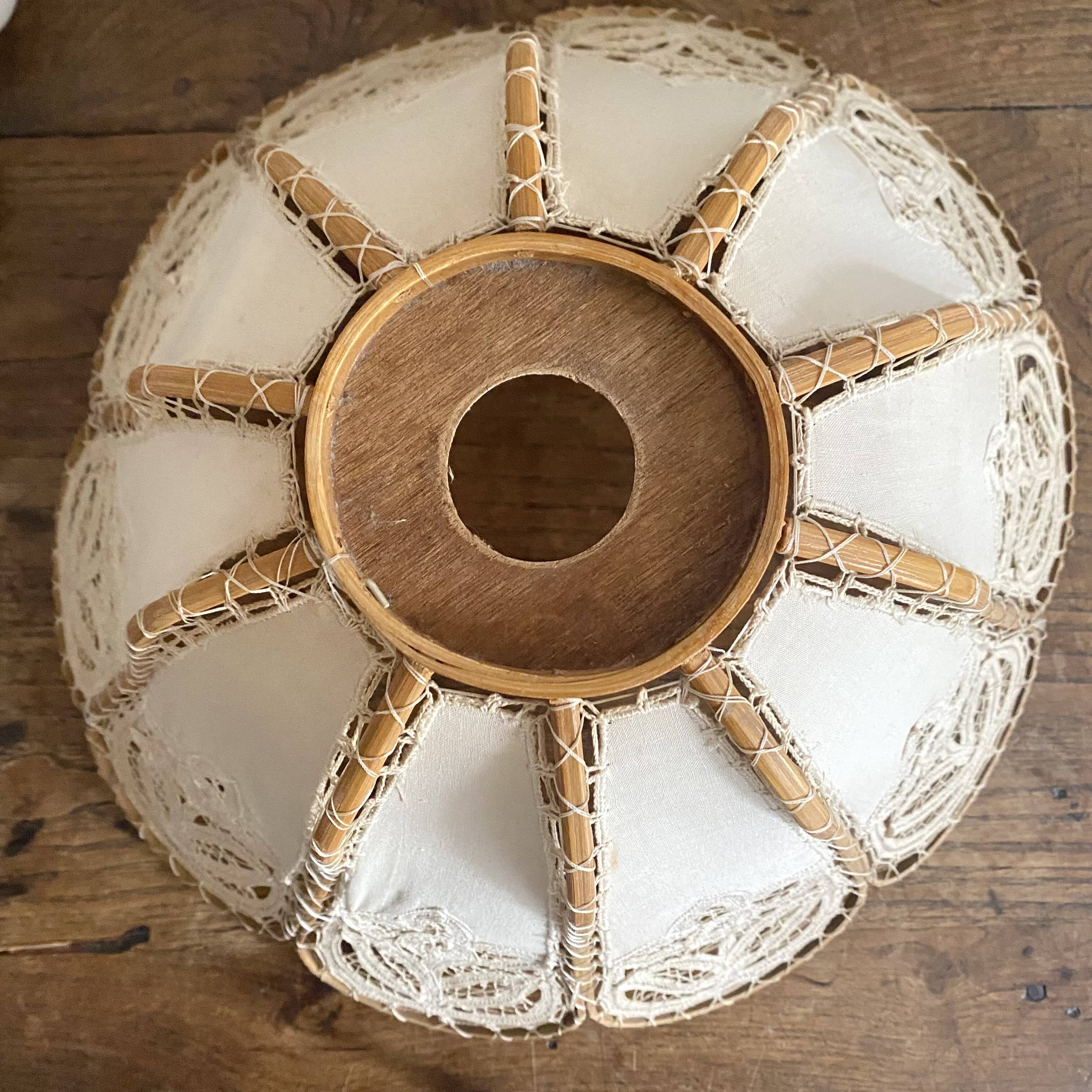 Antique hanging lampshade in rattan and openwork embroidered fabric